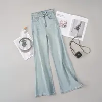 XICHENG/轻职风高腰筒喇牛仔裤女春秋休闲品质重工烫钻双排扣长裤