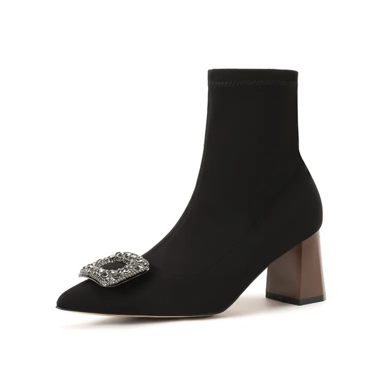 法式瘦瘦弹力靴女2024秋冬水钻方扣方头粗跟绒面黑色短靴方头短靴