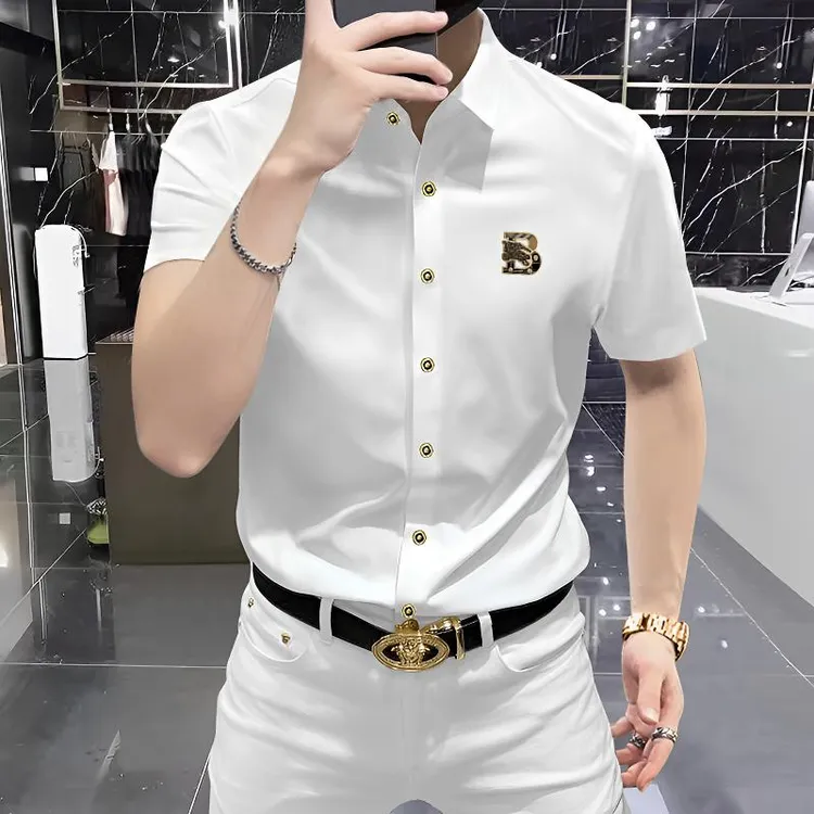 欧货轻奢男士衬衣新款高端白色休闲短袖衬衫时尚潮流韩版爆款修身