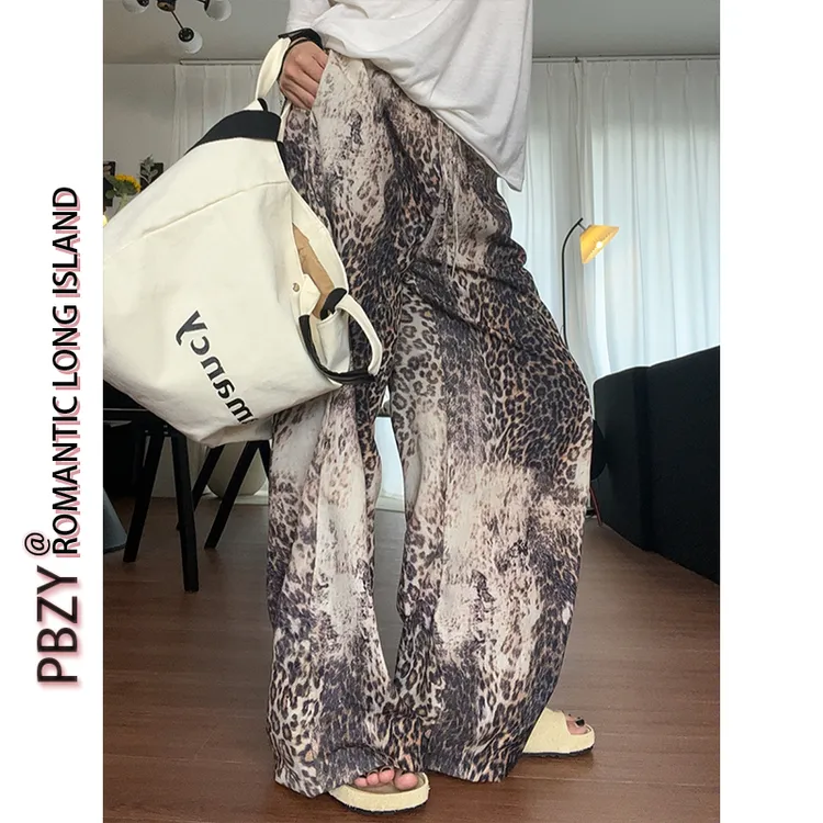 『PBZY CLUB』做旧感豹纹小众时宽松直筒休闲裤松紧腰阔腿裤女9098#