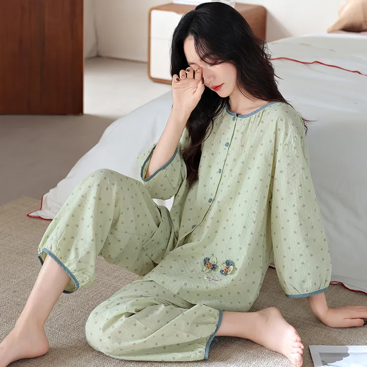 夏季春秋款睡衣女士2025新款宽松大码七分袖薄款家居服套装