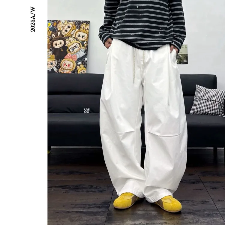 2025A/W冬 100纯棉美式复古白色弯刀宽松阔腿松紧腰立体休闲裤283