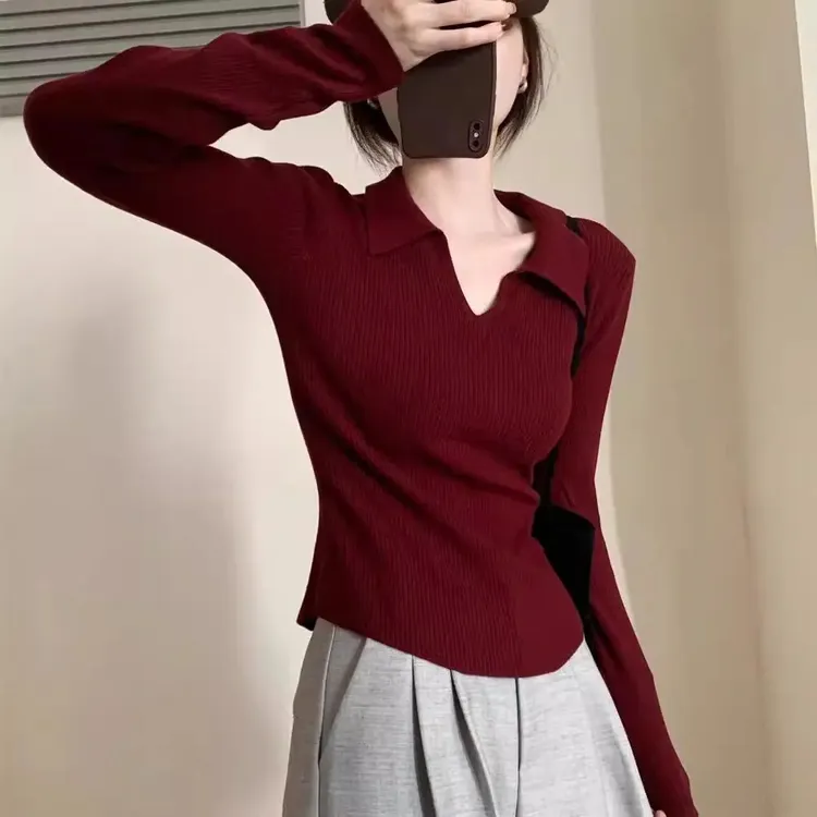 红色polo领针织衫女2025春秋季新款修身显瘦打底衫高级感内搭上衣