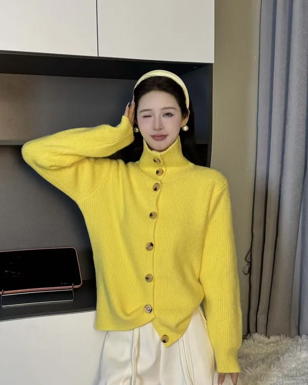高领毛衣开衫女秋冬新款慵懒风复古翻领宽松气质外套针织上衣