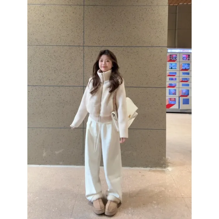 MARIE.COCO韩系新款毛绒高领收腰外套搭白色百搭休闲裤女秋冬套装