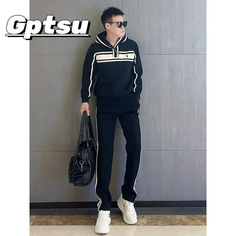 GPTSu春秋潮牌连帽休闲运动套装男百搭撞色织带宽松卫衣裤两件套