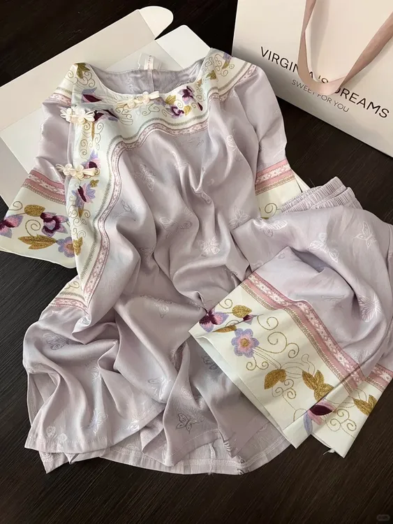 国风新中式复古紫色花卉睡衣女春夏季古风短袖长裤格格宫廷风睡衣