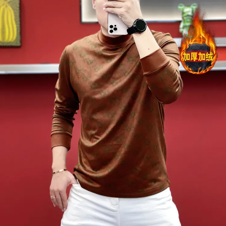 2025冬季长袖印花半高领加绒保暖休闲时尚卫衣男士加绒加厚打底衫