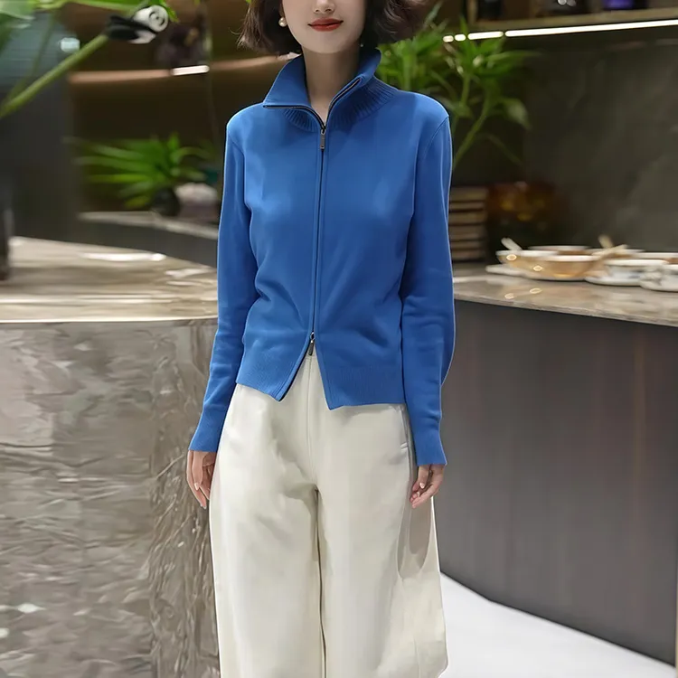 蓝色高领毛衣外套女秋冬慵懒高级感洋气减龄显瘦拉链针织开衫上衣