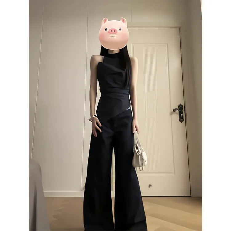 直筒休闲裤阔腿宽松山本长裤不对称拼接高领挂脖系带背心无袖上衣