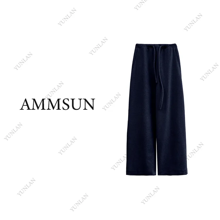 AMMSUN【抗起球+抗掉色】重磅加绒650克醋酸羊毛裤秋冬阔腿女士百搭