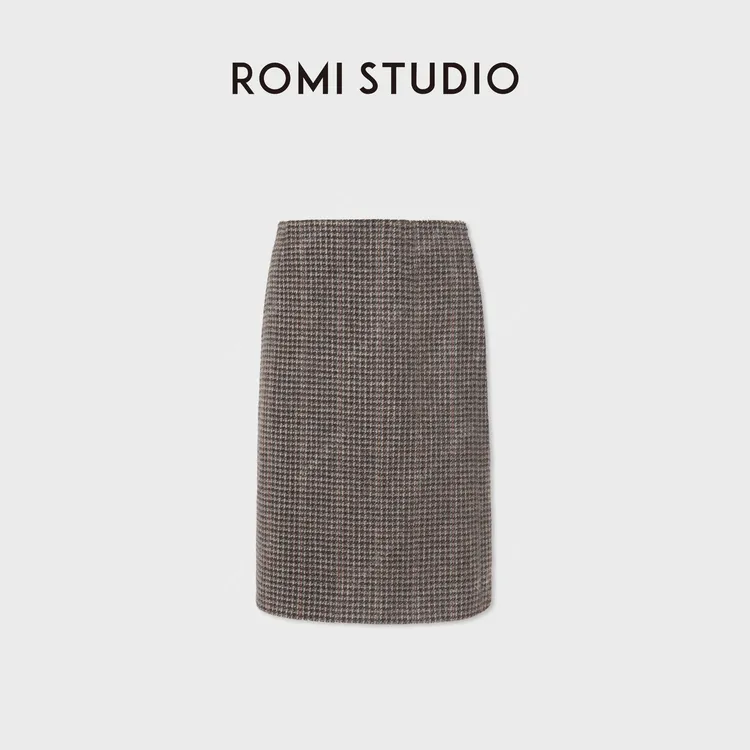 ROMI STUDIO100%羊毛千鸟格纹质感高腰微A直身半裙RWCWXG6310