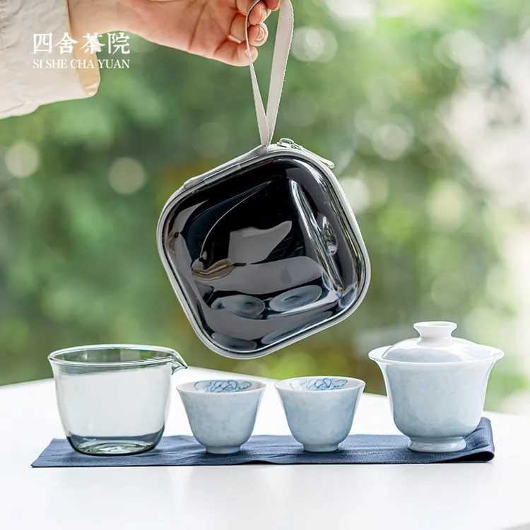 蝶恋花手绘釉下彩盖碗旅行茶具户外露营便携式快客杯女士一人套装