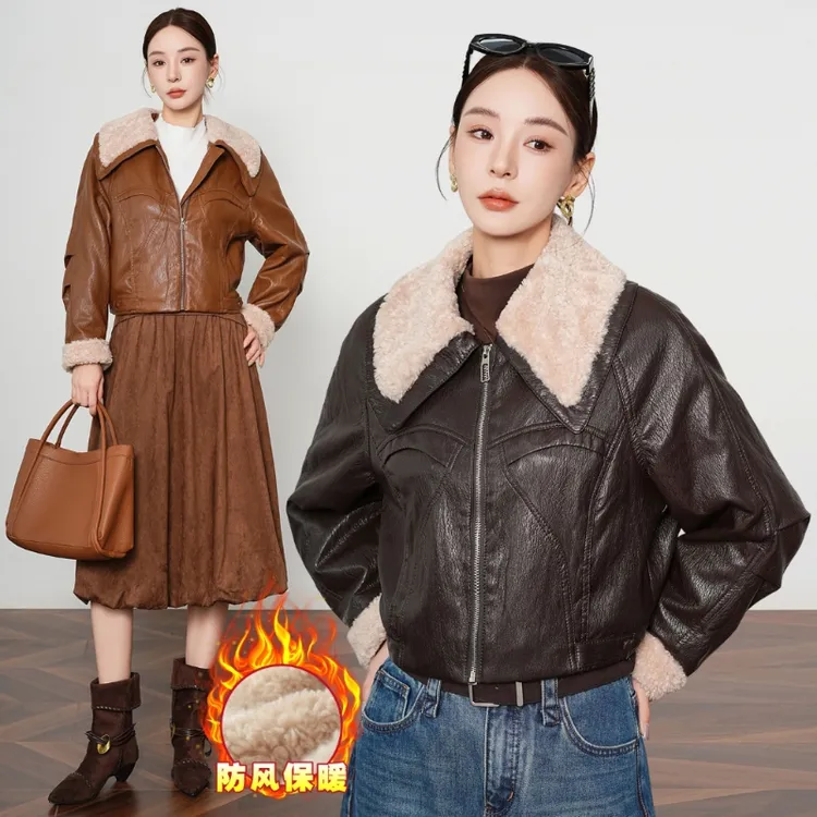 海宁真皮皮衣女加绒加厚2025秋冬新款绵羊皮大毛领小个子短款外套