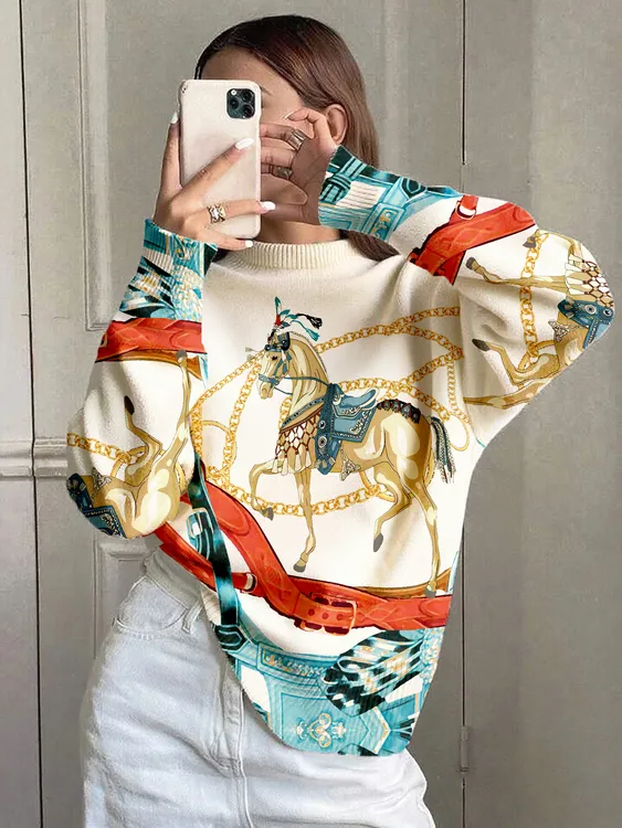 2025女宽松型不缩水常规印花毛衫不褪色羊绒衫洋气春秋长袖秋冬