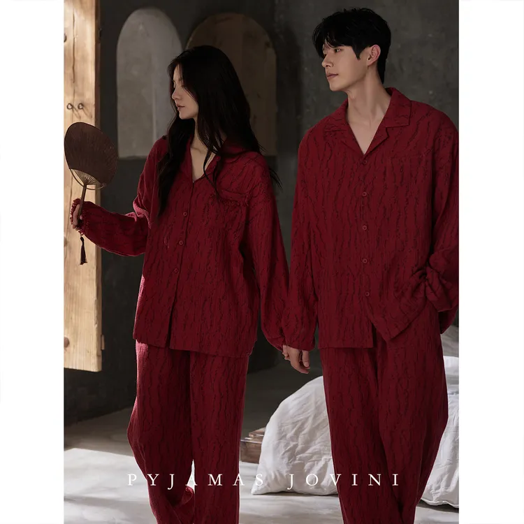 俏薇妮结婚新婚情侣睡衣条纹春秋女带胸垫一体纯棉纱布长袖红色男