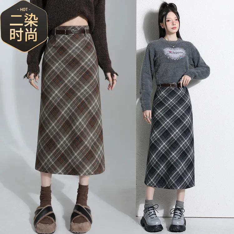毛呢格子半身裙女秋冬高腰字包臀开叉格纹长裙配腰带显瘦夏季高腰