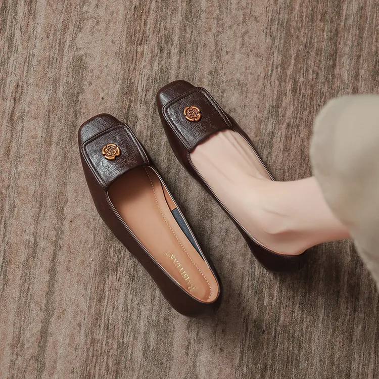 3CM 真皮单鞋女低跟复古小香风方头山茶花通勤平底单鞋女粗跟