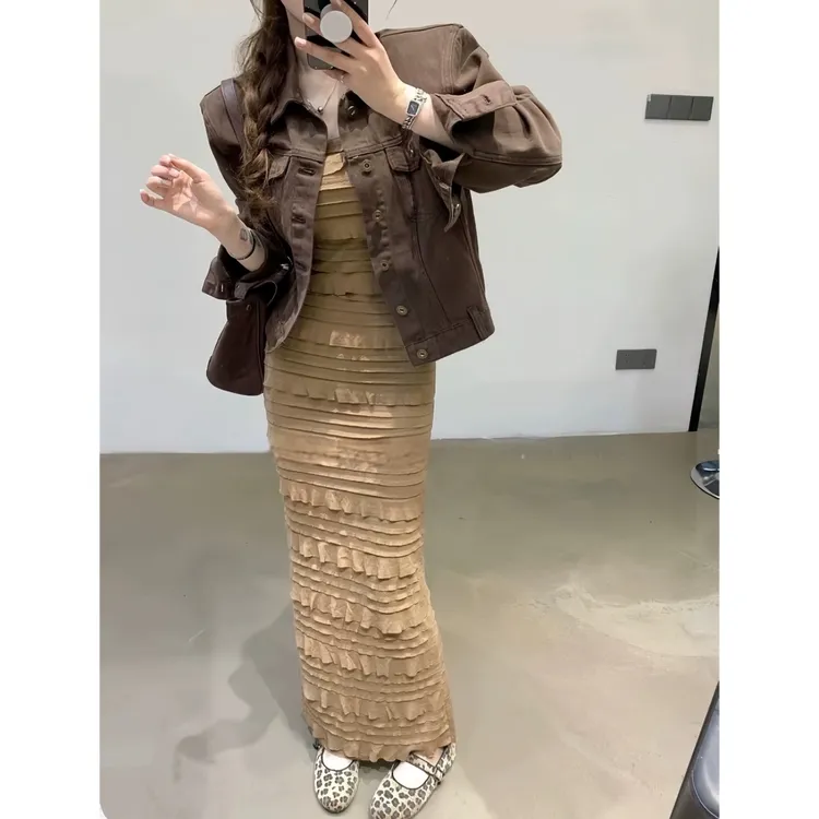 2025秋季新款韩系气质修身吊带裙宽松百搭廓形牛仔外套两件套女装