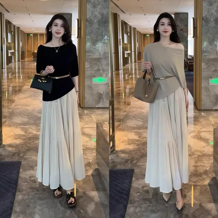 2025夏季新款法式气质温柔通勤斜肩上衣+浅色高腰半身裙两件套女