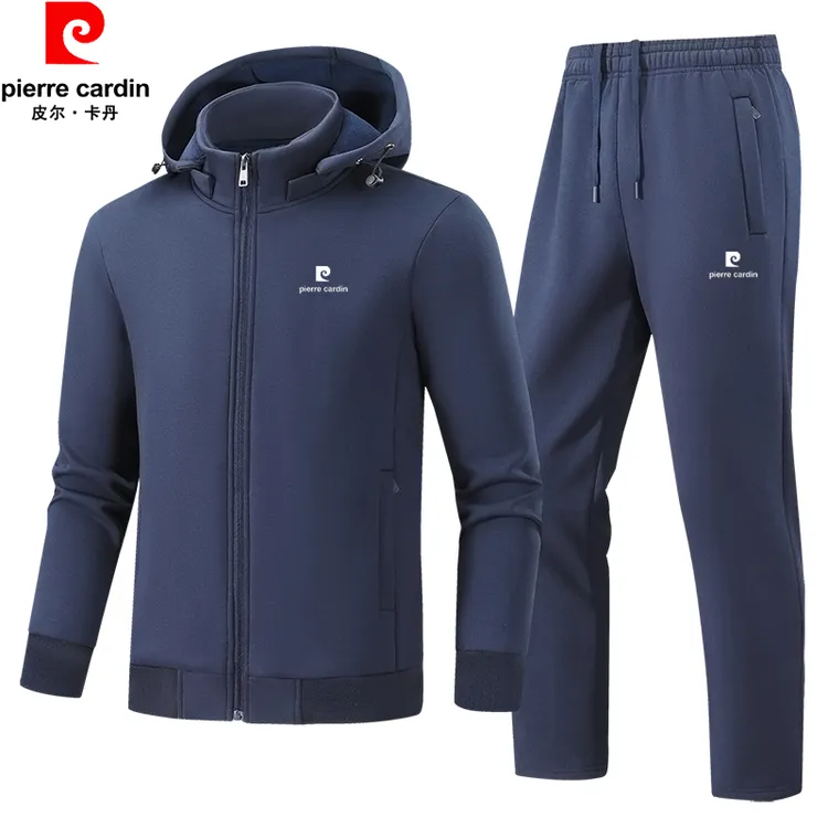 皮尔卡丹秋冬可脱卸连帽休闲运动套装加绒加厚保暖男士大码运动服