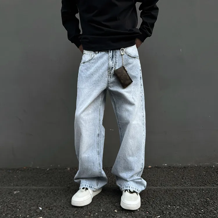 【UNAPS】雪花纹理美式复古冰蓝501直筒cleanfit牛仔裤男女宽松长裤