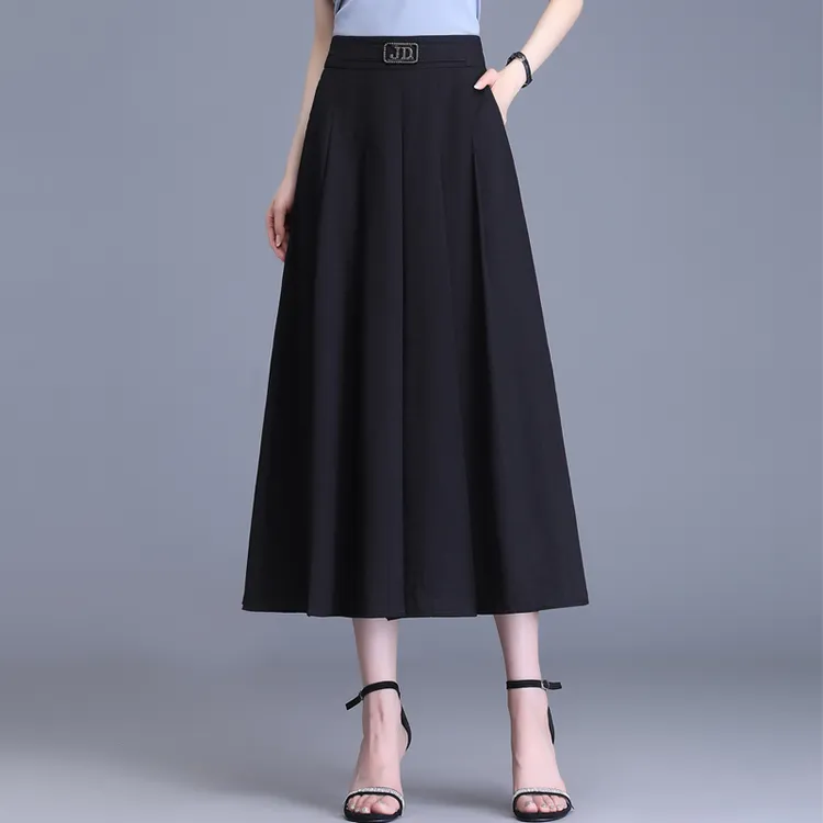 拉夏贝尔高腰垂感半身裙女2025年夏季薄款新款遮胯显瘦A字百褶裙