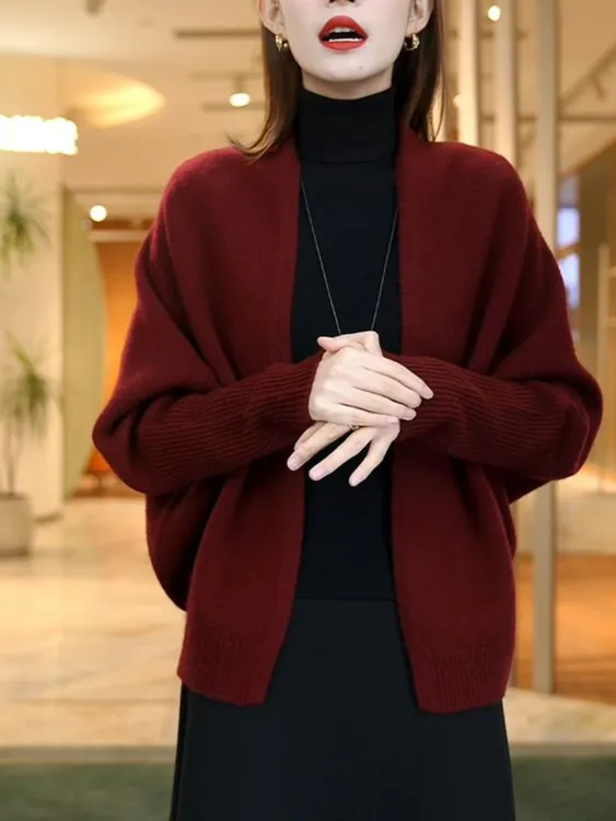 秋冬新款女V领毛衣开衫蝙蝠袖宽松大码针织衫外套上衣毛衣女秋冬