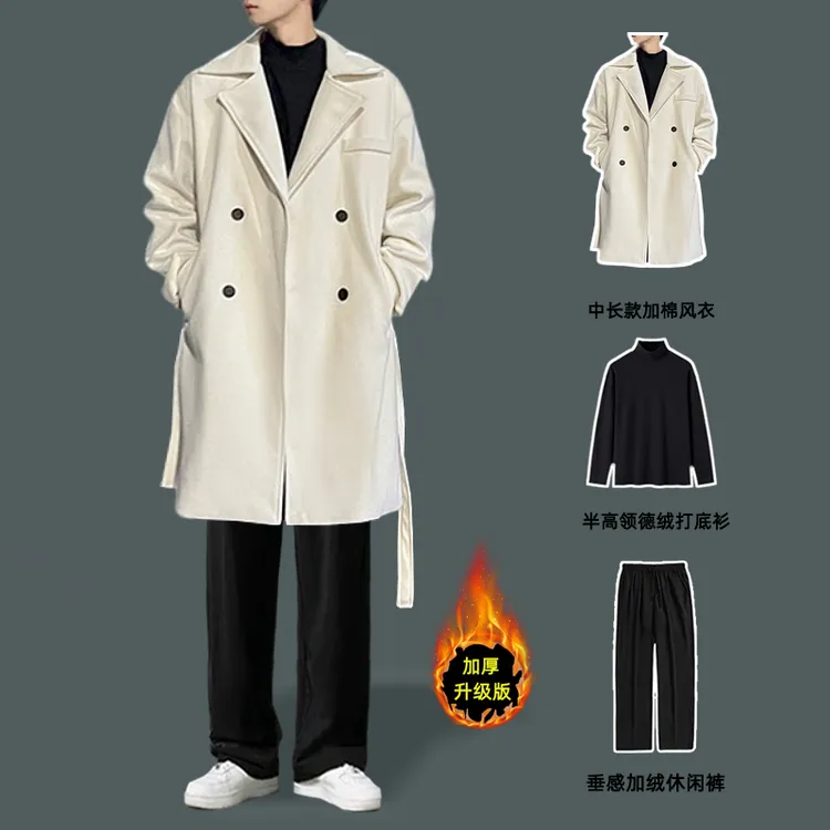 毛呢风衣男秋冬季中长款加厚外套韩版呢子大衣男生英伦风穿搭套装