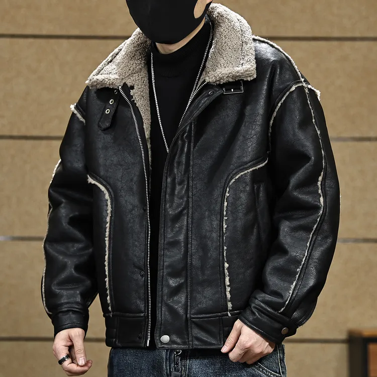 皮毛一体复古座山雕皮衣男士棉服冬季美式潮牌加绒棉衣机车外套男