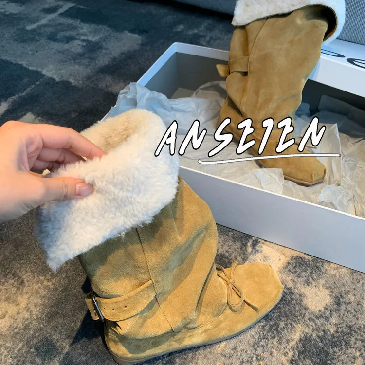 ANSE7EN/“Open王牌新品”质感复古港牛反绒皮韩式冬季ins雪地靴