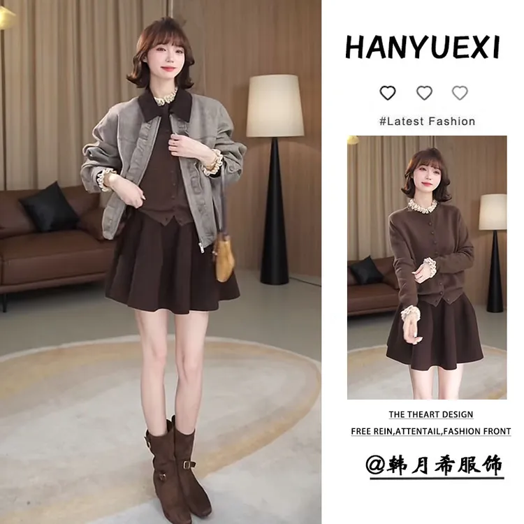 秋季时尚一整套女装2025新款花边针织毛衣宽松外套高腰短裙三件套