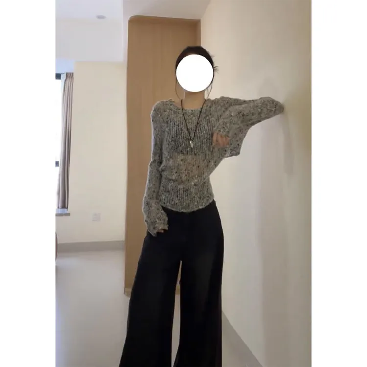韩系慵懒松弛感长袖防晒针织衫女早秋设计感百搭阔腿宽松长裤套装