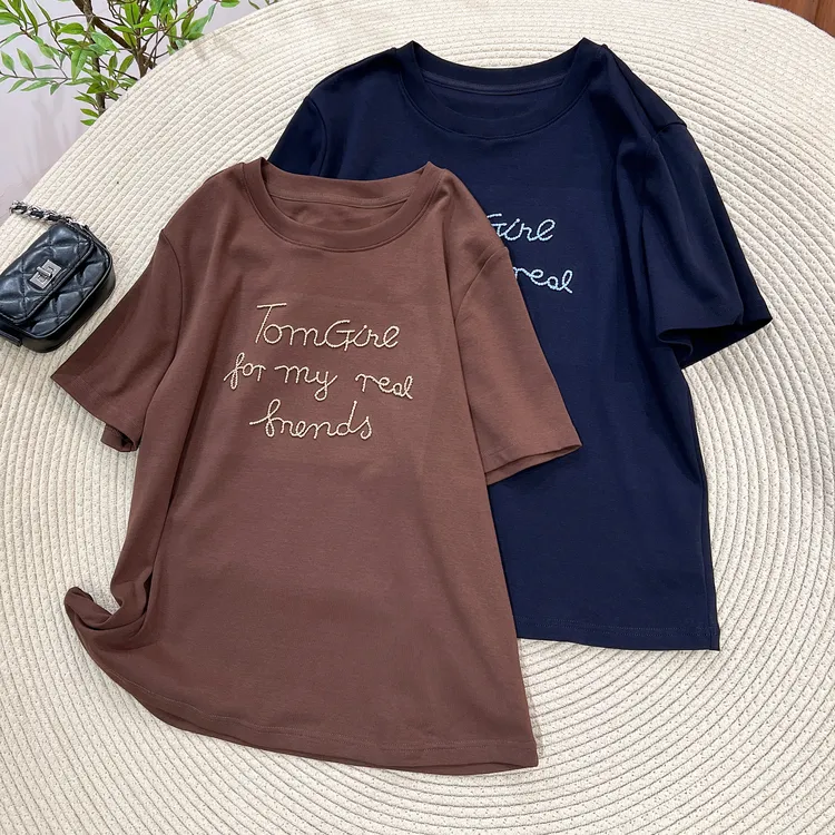 必魅-韩系2025年初秋新款美式复古撞色刺绣中袖短袖T恤上衣58670