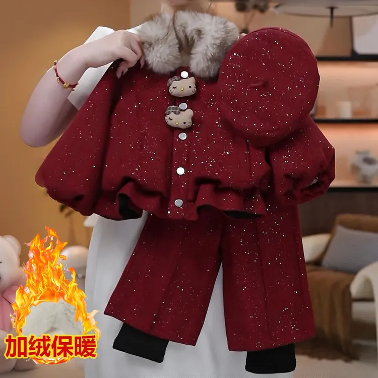 女童冬季加绒加厚保暖两件套2025新款女孩毛领上衣假两件裤子套装