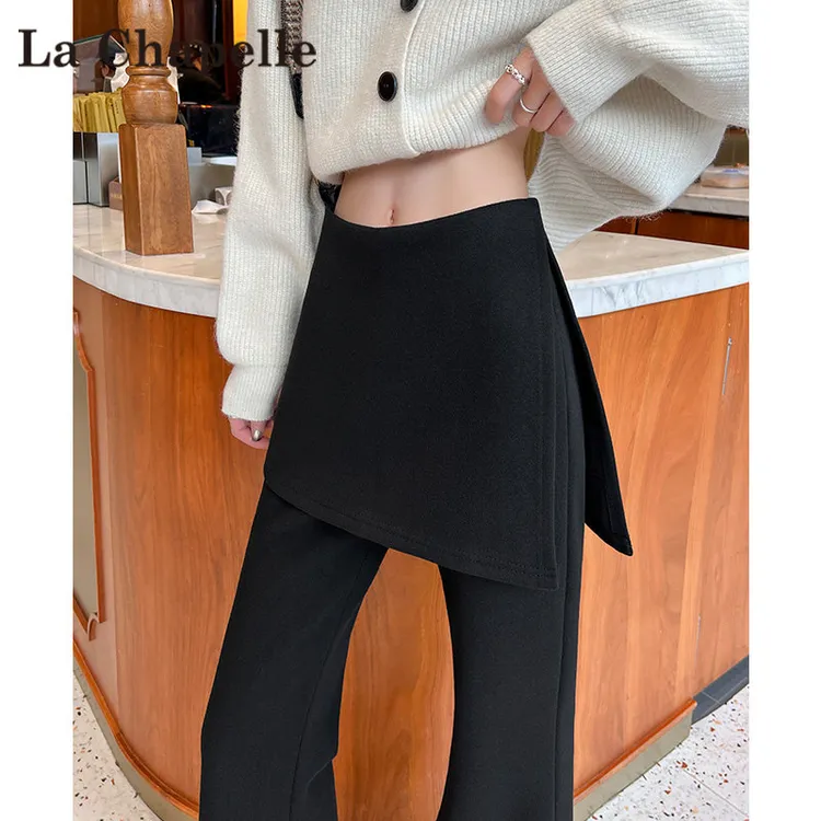 拉夏贝尔假两件屁帘微喇裤女秋冬加绒高腰休闲垂感毛呢阔腿喇叭裤