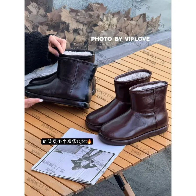 XMM【头层小牛皮雪地靴】轻便保暖冬季防滑纯色亮面加绒加厚G79-199