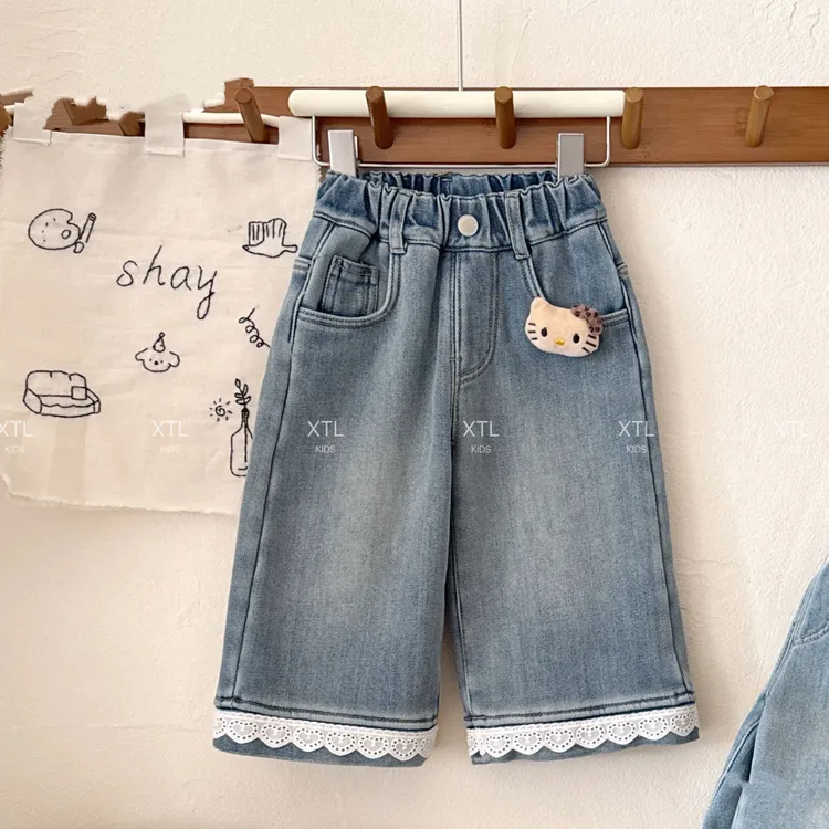 【XTL】2025新深秋浅蓝色蕾丝边直筒裤高克重加绒牛仔裤97117【汉服】