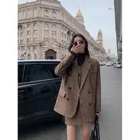 Z012#复古棕色西装外套女秋冬宽松高级感气质正肩外套短裙三件套