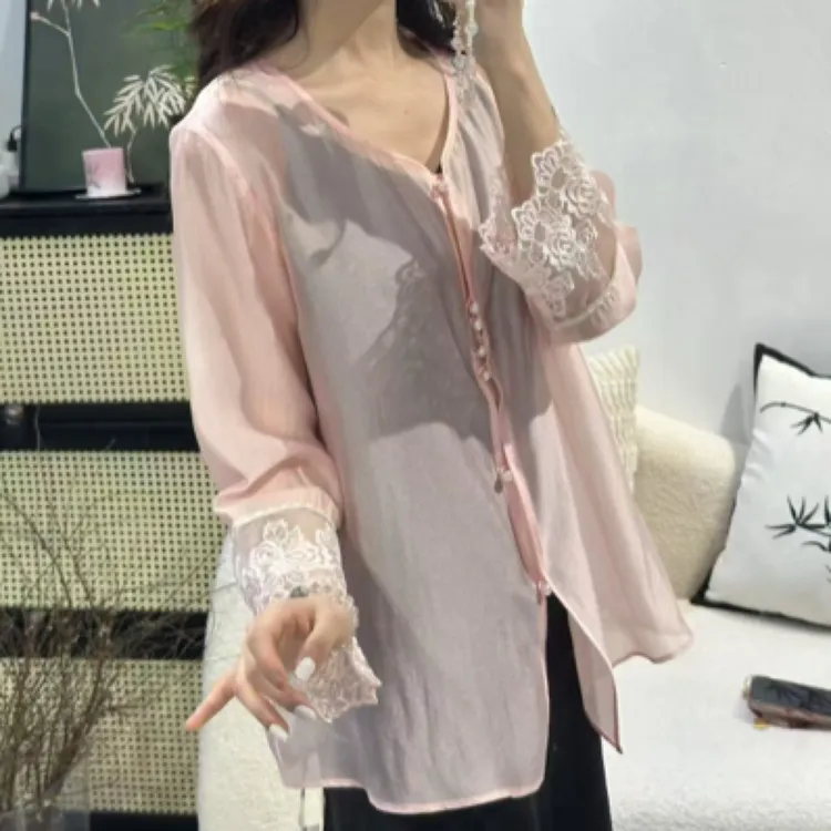 小众春夏衬衫法式提花宽松薄款新中式甜美拼接蕾丝吸汗睡衣