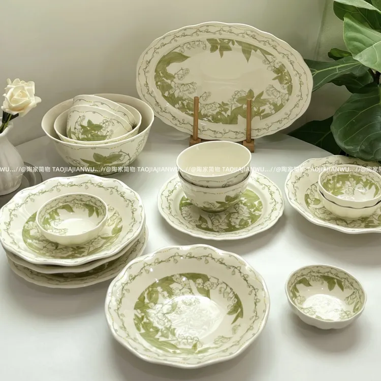 法式铃兰花家用陶瓷吃饭碗餐具家用釉下彩米饭碗深盘菜盘餐盘复古
