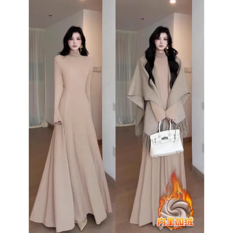 卡其色高领针织连衣裙女秋冬季加绒加厚内搭长款长裙子梨形伯克利