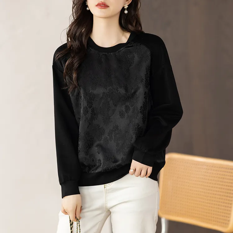 慵懒风圆领提花套头卫衣女春季新款妈妈装肌理感宽松显瘦长袖上衣