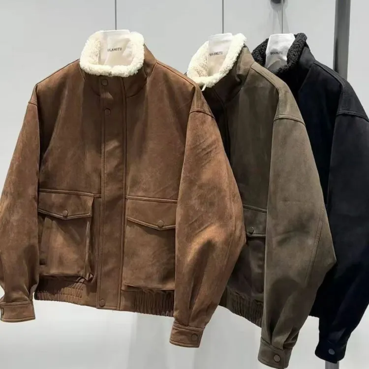 冬季男士翻领短款美拉德风PU皮加绒加厚保暖百搭情侣羽绒外套