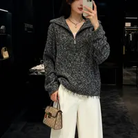 胸120-190长60翻领半开领拉链花纱细闪亮片通勤气质针织上衣 4020