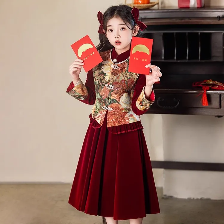 女童加绒连衣裙套装2025秋冬新款儿童国风裙子冬装女孩洋气拜年服