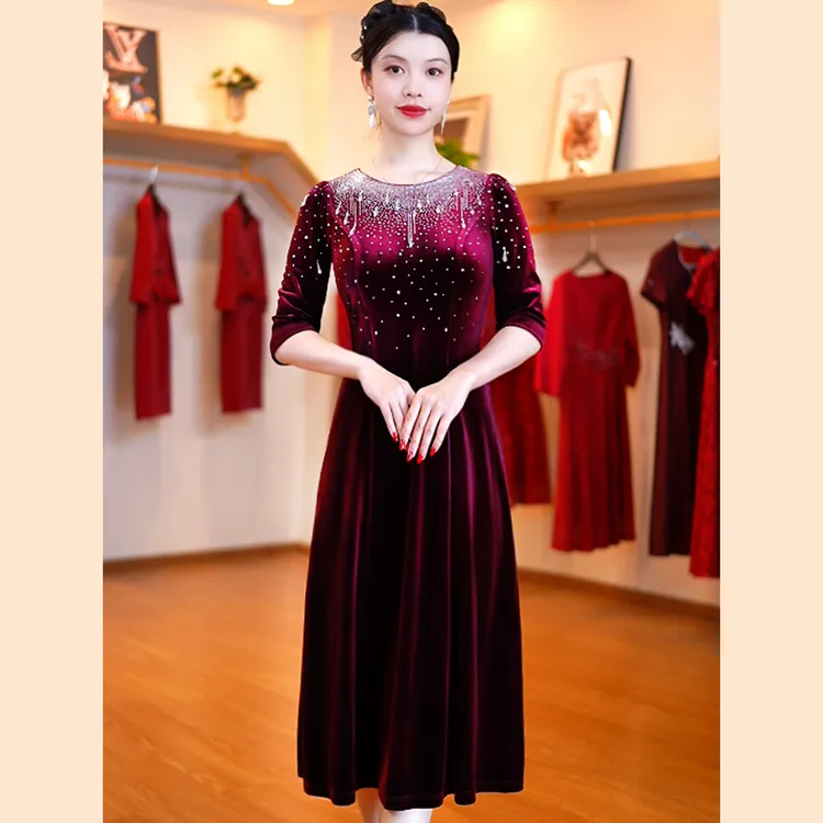 喜妈妈婚宴礼服高端金丝绒年轻喜婆婆旗袍裙订婚敬酒服伴娘服