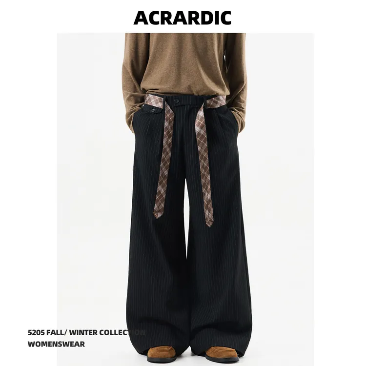 ACRARDIC美式高级感腰带设计休闲西裤男街头痞帅阔腿垂感条纹裤子