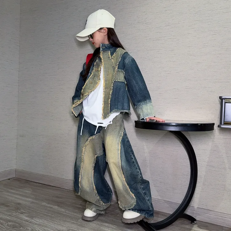 女童重工拼接牛仔套装春秋季2025新款儿童韩版夹克外套弯刀阔腿裤