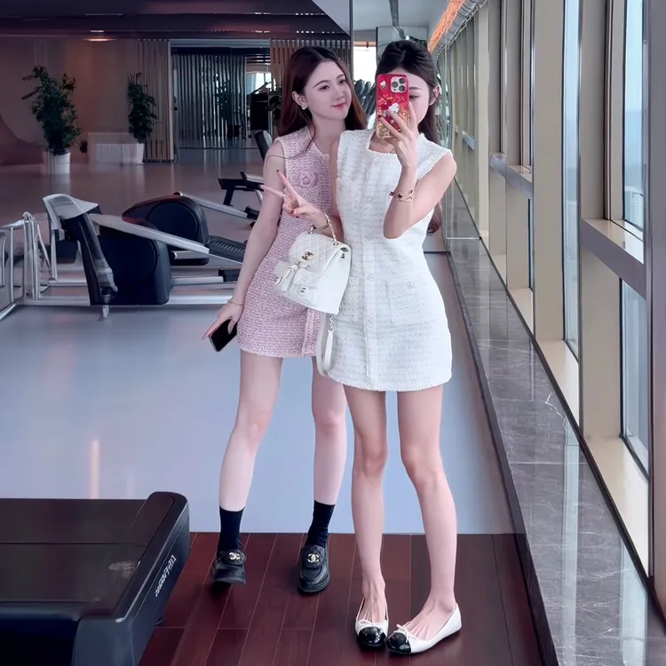 小香风粗花呢洋装子女春夏新款气质无袖收腰显瘦短裙子